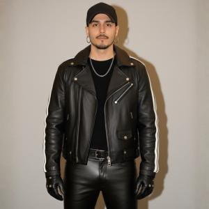 leather jacket with white stripes