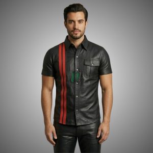 leather police shirt with oneside Stripe