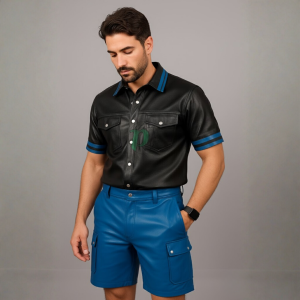 Leather Shirt with Blue Stripes & Shorts