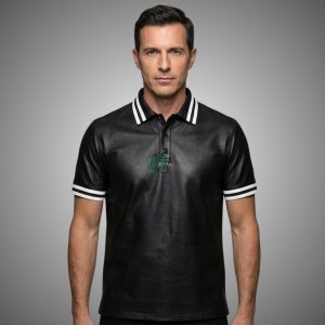 leather polo shirt with color stripes