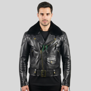 Leather Bluf Jacket with Fur Collar & Padded Back