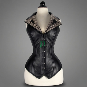 Luxury Black Leather Overbust Corset with Studded Collar – Gothic Statement Waist Trainer