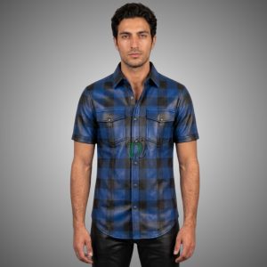 leather Printed blue Shirt short Sleeved