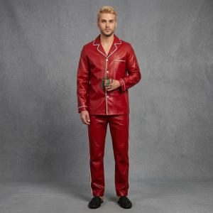 Men's Leather Sleep Suit – Genuine Leather Pajama Set with White Piping
